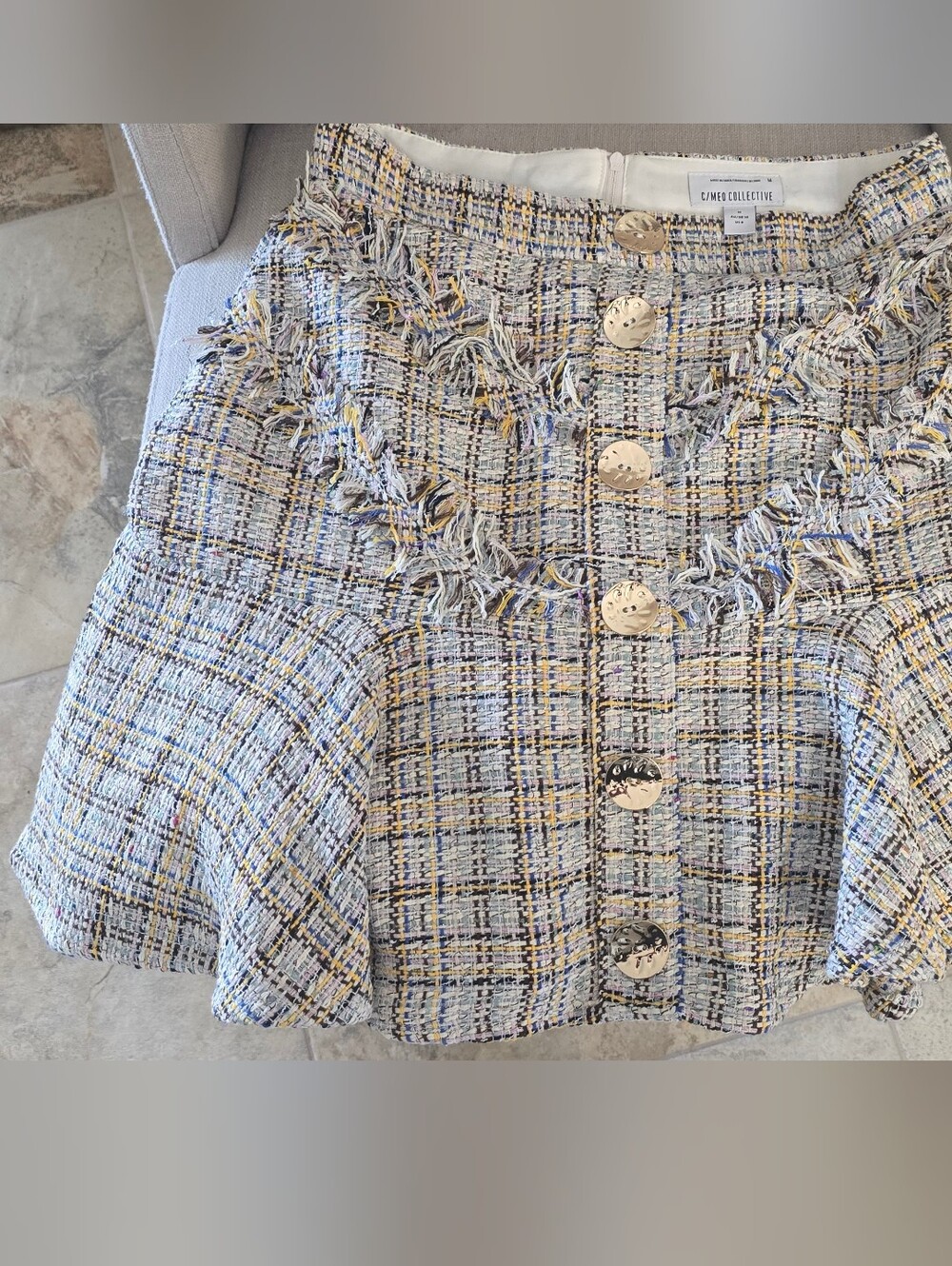 C/MEO Collective Tweed Fringe Button-Front Skirt in Light Blue and Yellow